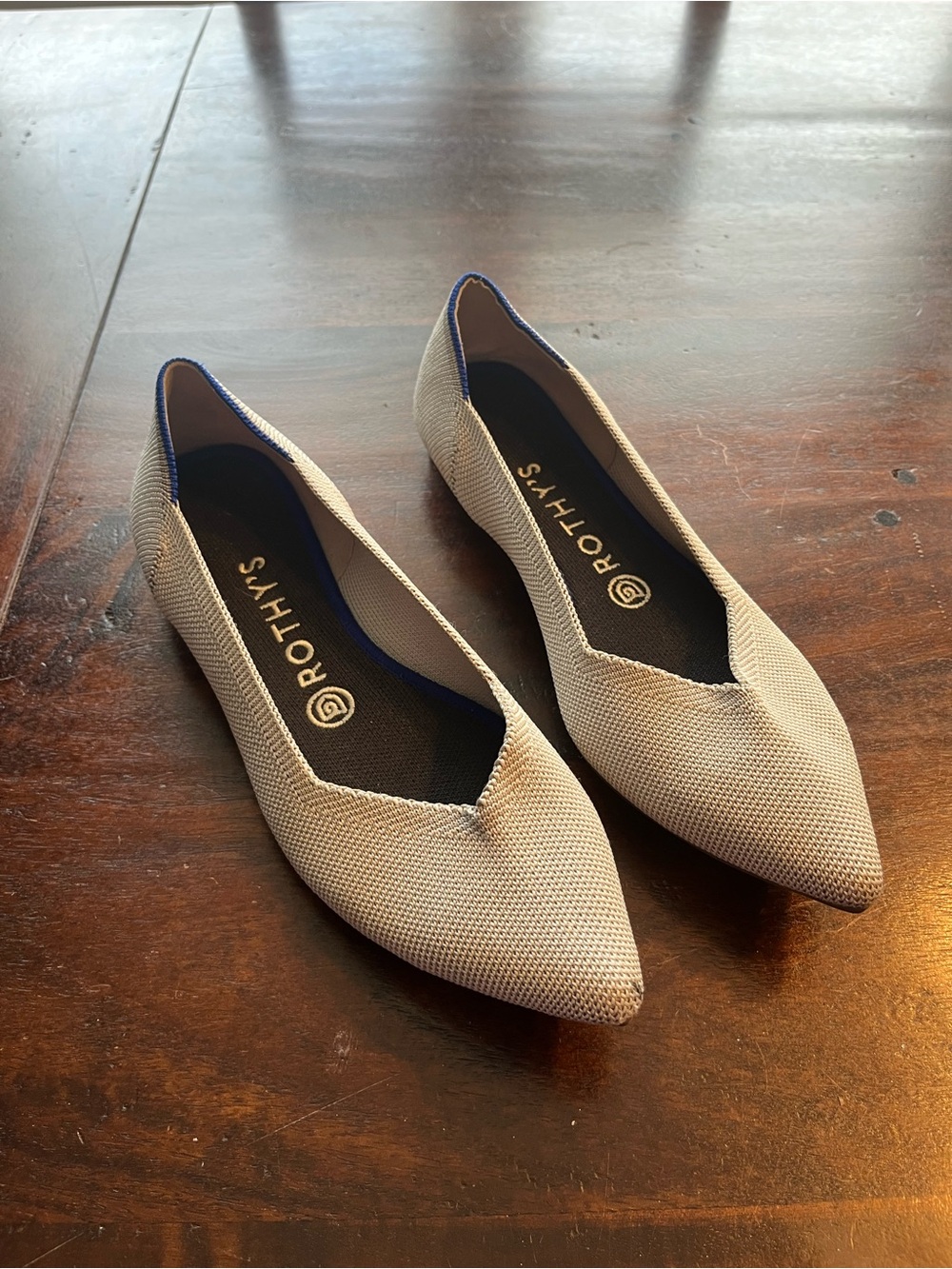 Rothy's Pointed Knit Flats in Light Beige with Navy Trim